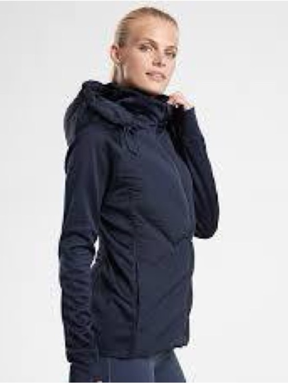 ATHLETA Inlet Jacket Black Down Puffer Knit
Sleeves Hooded Coat Zip Casual L
